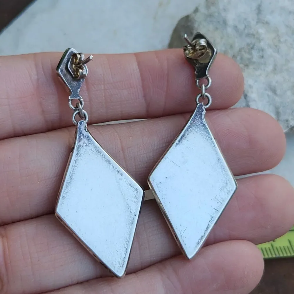 Vintage Zuni Channel Inlay Diamond Drop Earrings Turquoise MOP